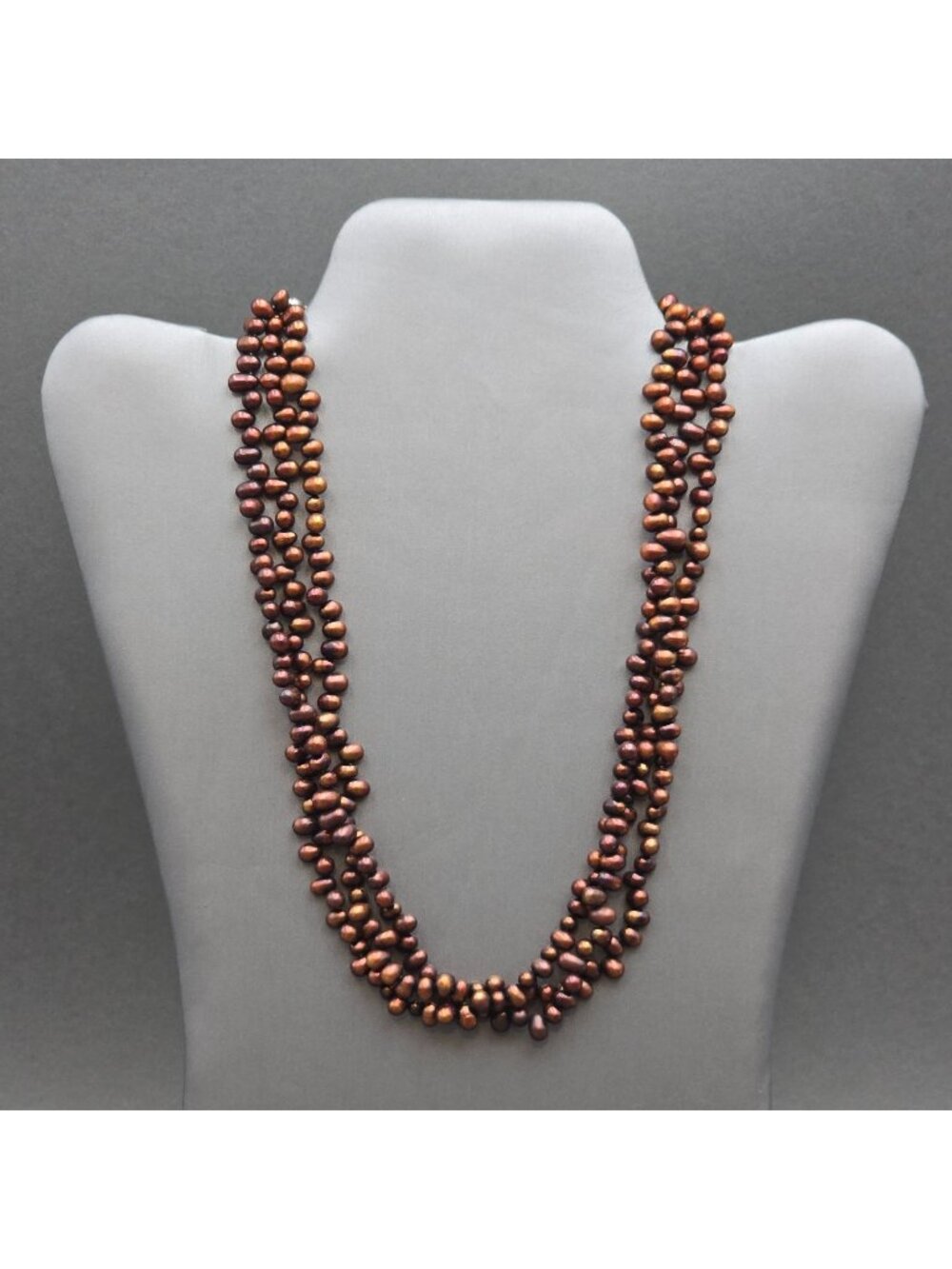 Vintage Sterling Silver Bronze Baroque Triple Strand Freshwater Pearl Necklace